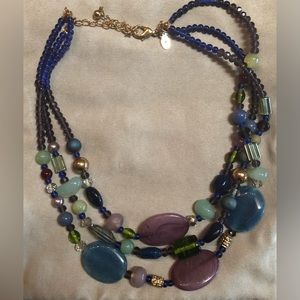 Chico’s layered beaded necklace in blues, purples, sea green.